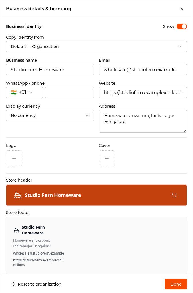 Photoship's Business details and branding editor showing Studio Fern Homeware's wholesale contact details, showroom address, logo and cover controls, and live Store header and footer previews.