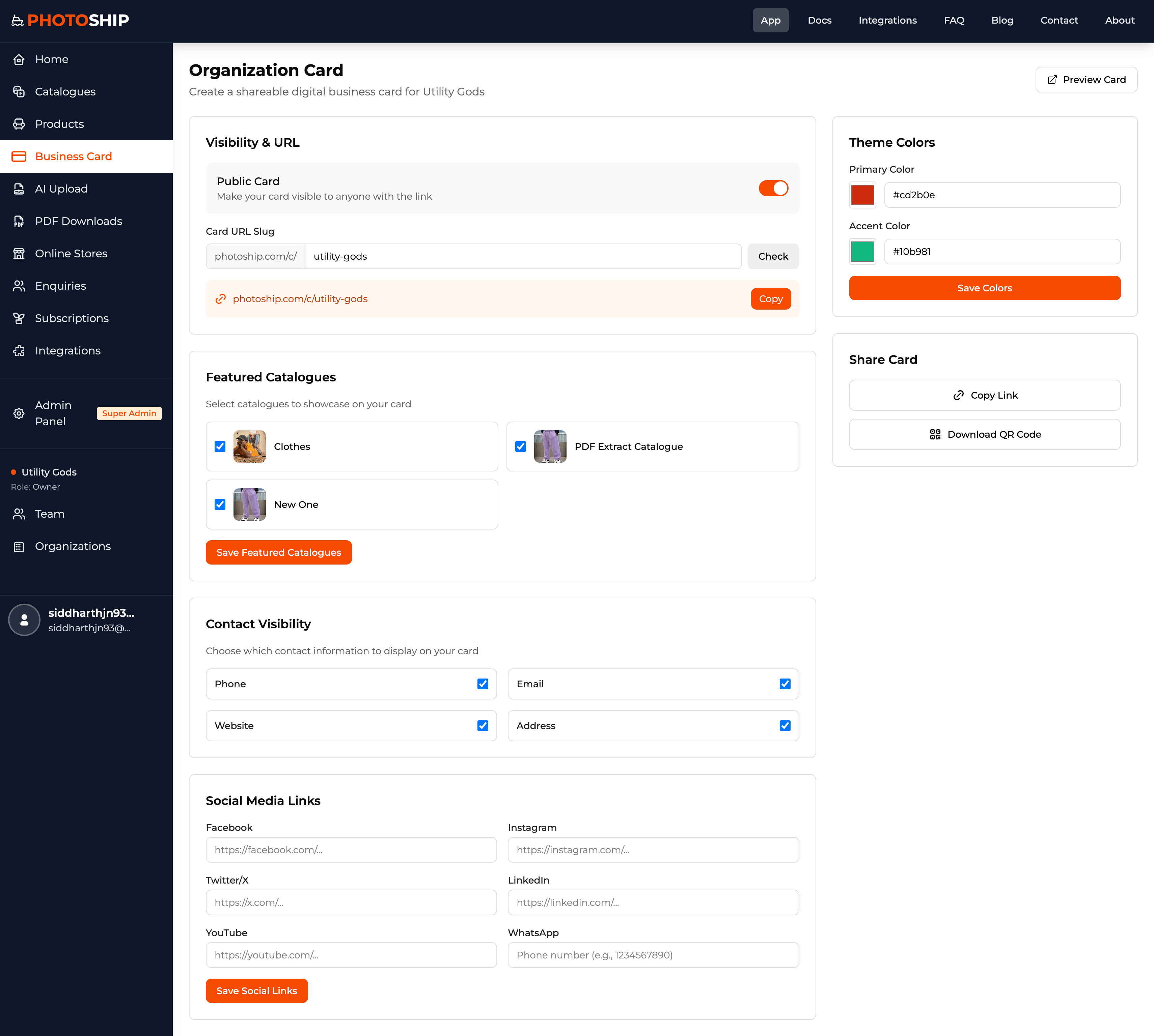 Business Card Settings