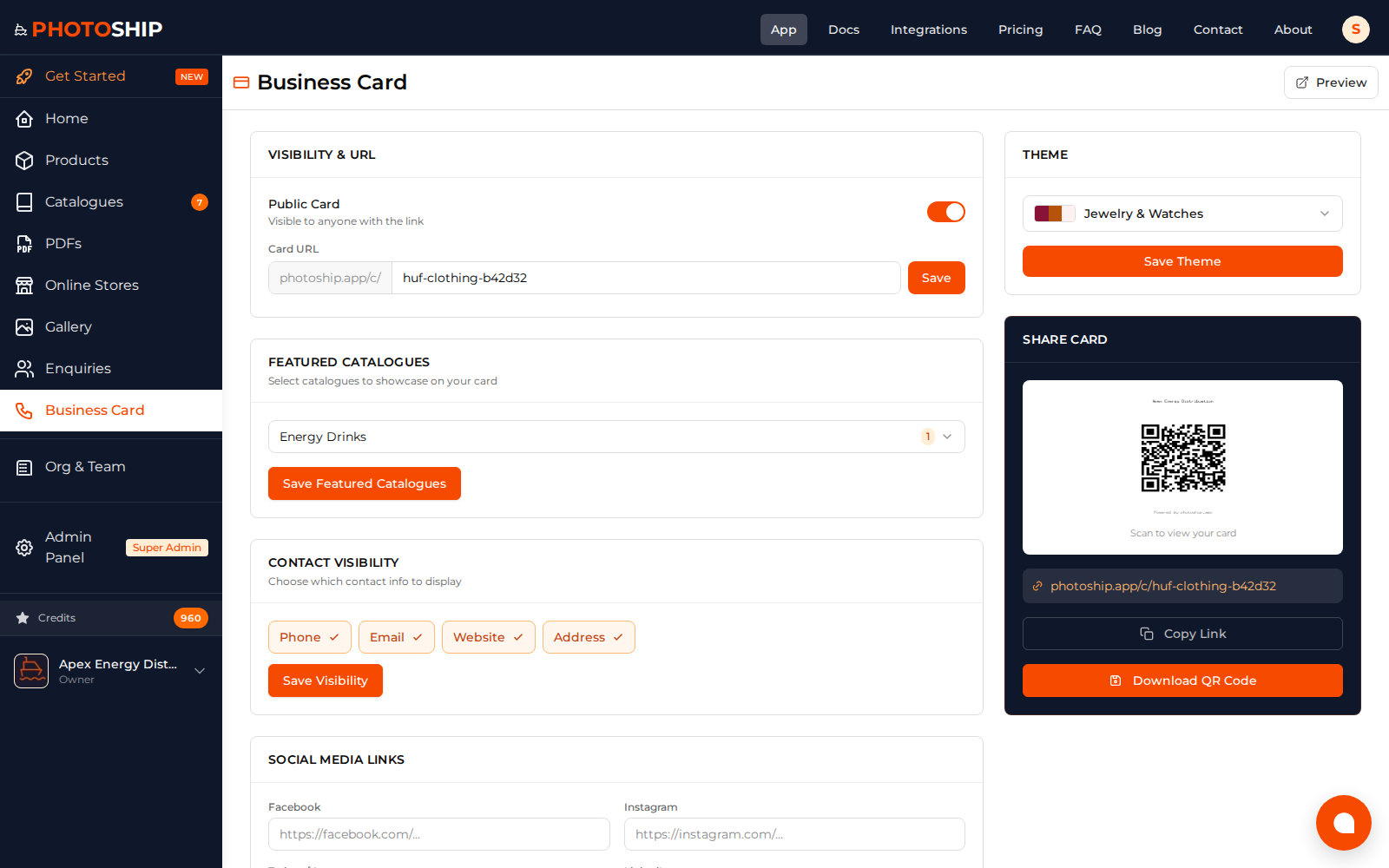 Business Card Settings